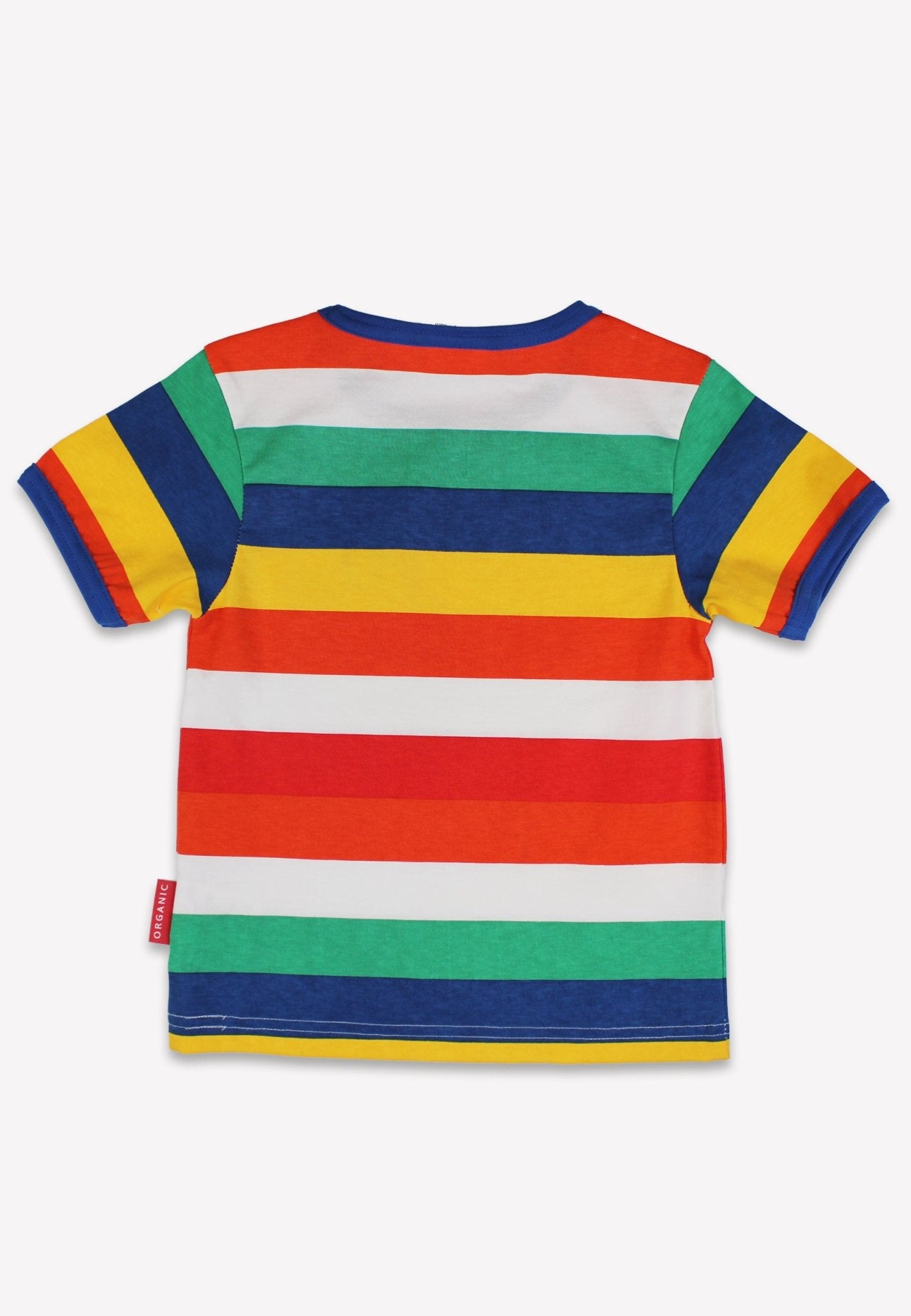 Bio - Baumwoll Kinder Shirt kurzarm mit Regenbogenstreifen und Brusttasche mit Schaf - Applikation - Toby Tiger GmbH