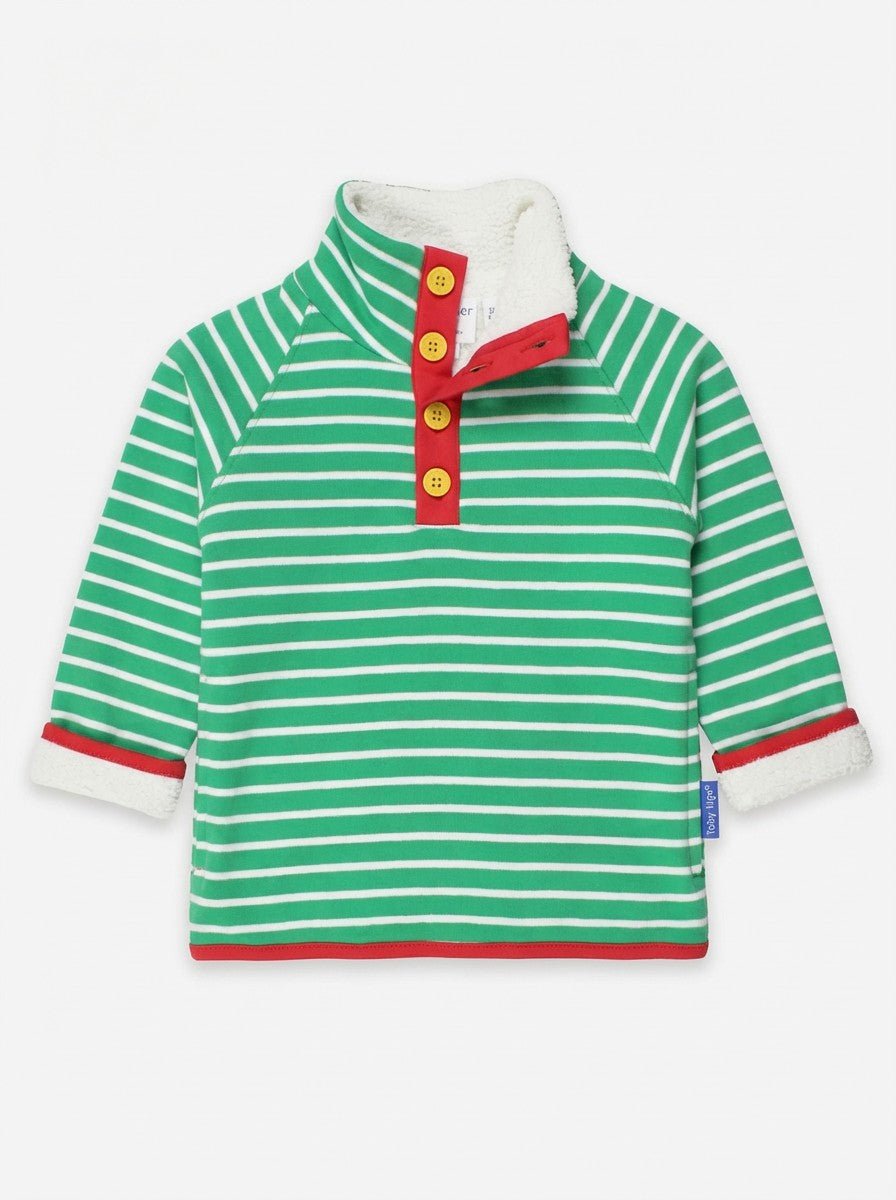 Bio - Baumwoll Kinder Fleece Sweatshirt mit grünen Streifen - Toby Tiger GmbH