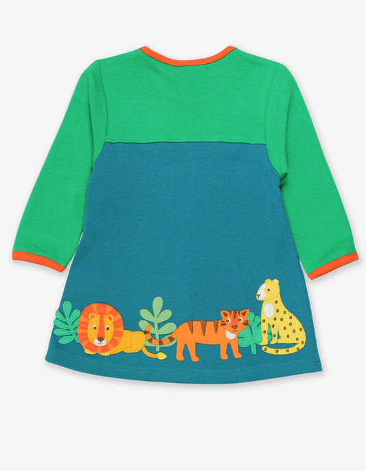 Dress, long sleeves with big cat appliqué made from organic cotton