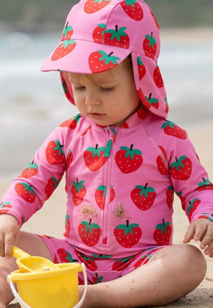 Baby Badeanzug langarm mit Erdbeer-Druck und Sonnenhut, UV-Schutz UPF 50+