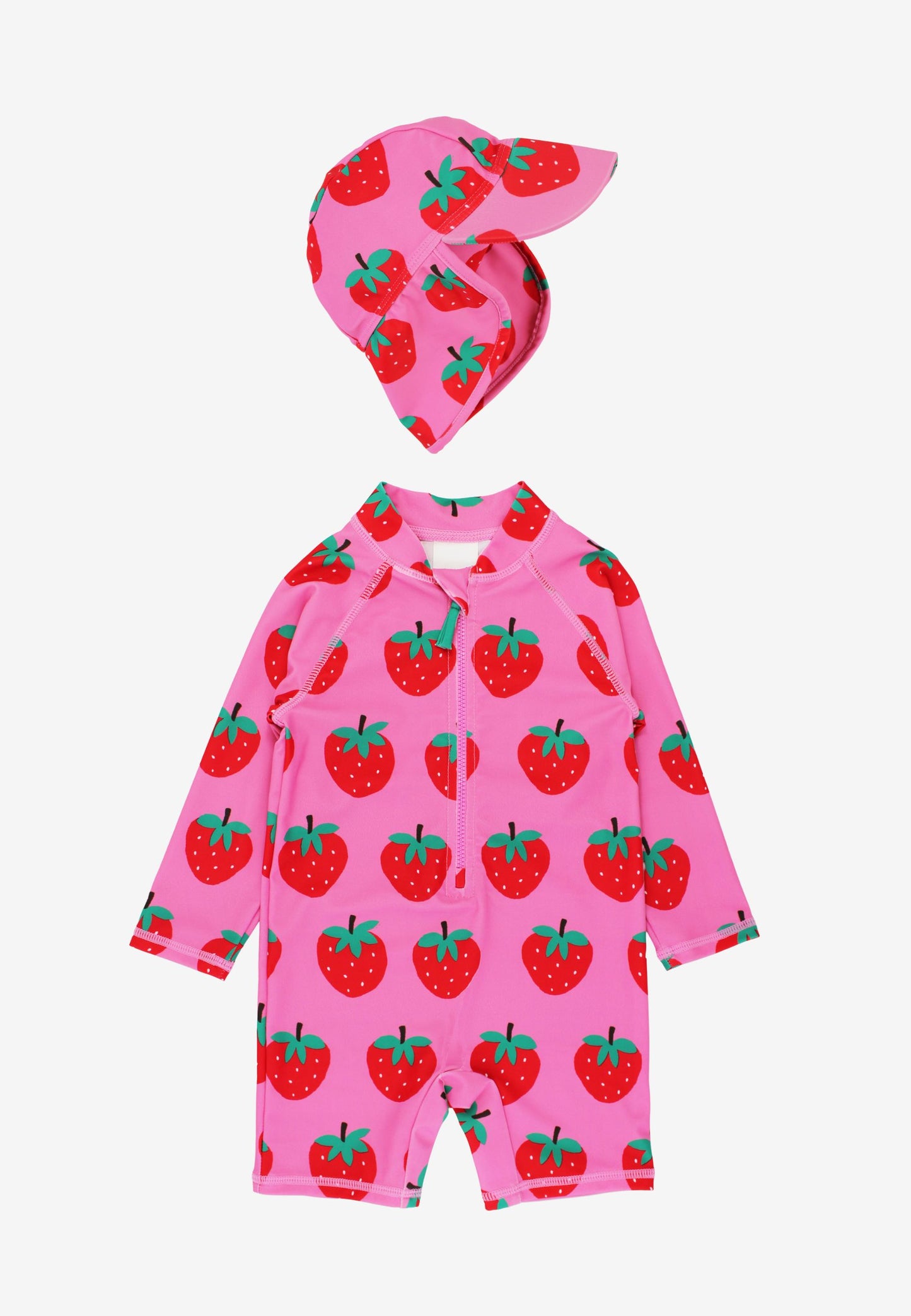 Baby Badeanzug langarm mit Erdbeer-Druck und Sonnenhut, UV-Schutz UPF 50+