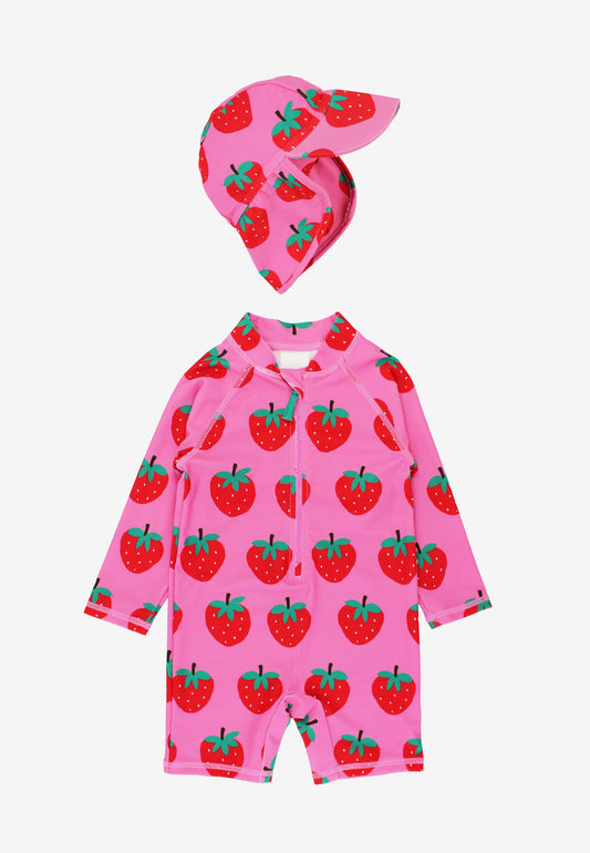 Baby Badeanzug langarm mit Erdbeer-Druck und Sonnenhut, UV-Schutz UPF 50+