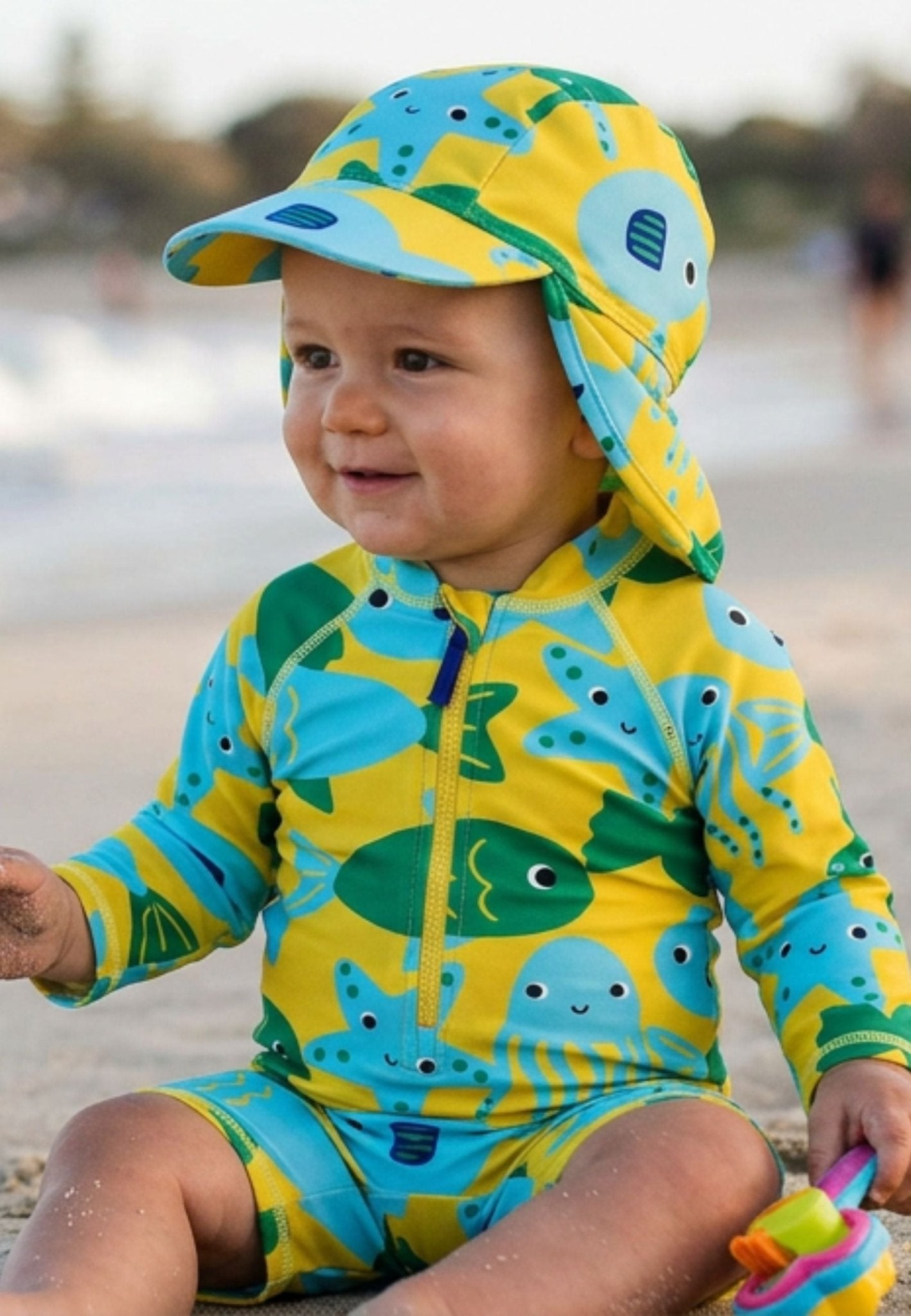 Baby Badeanzug langarm mit Fisch-Druck und Sonnenhut, UV-Schutz UPF 50+
