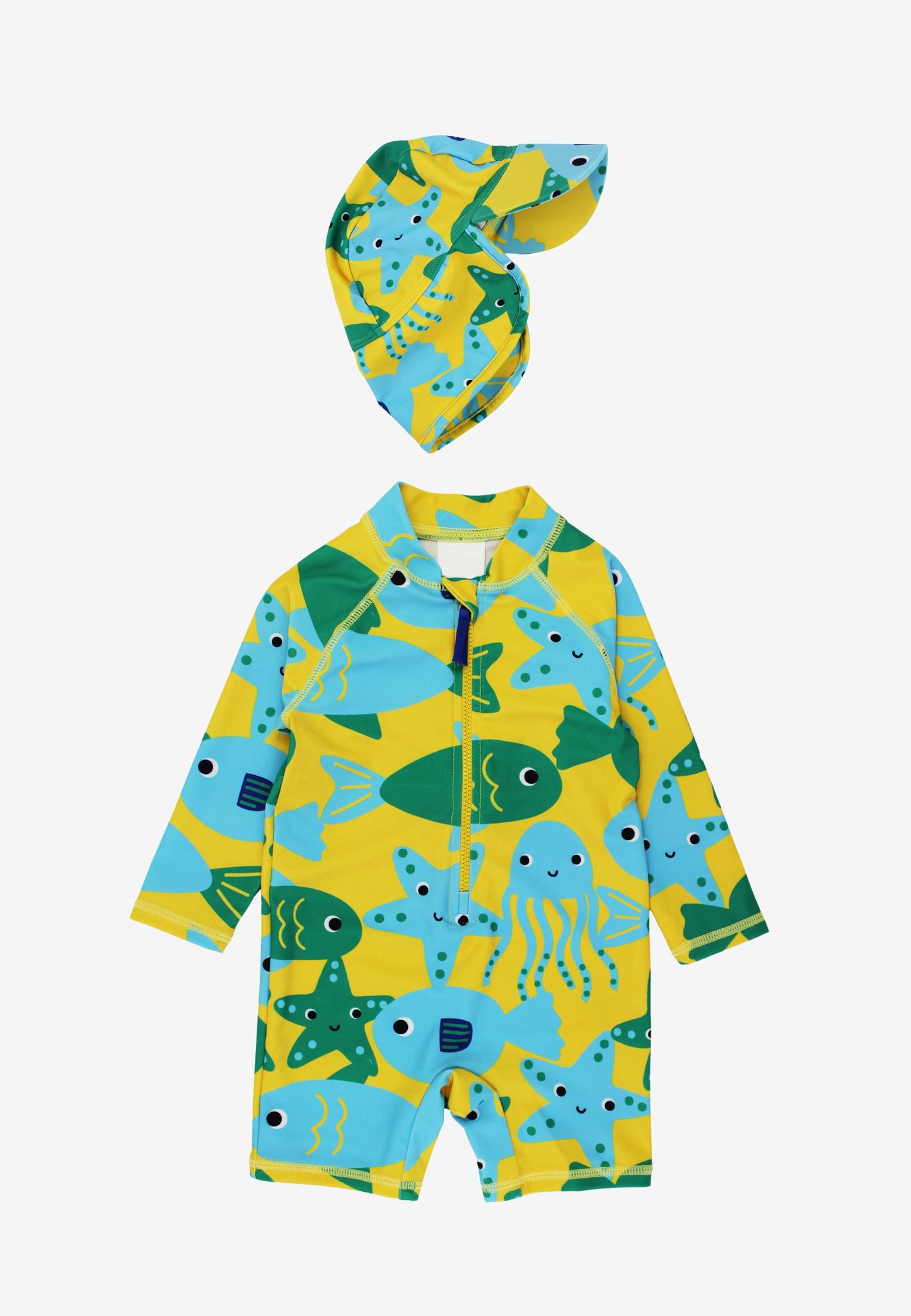 Baby Badeanzug langarm mit Fisch-Druck und Sonnenhut, UV-Schutz UPF 50+