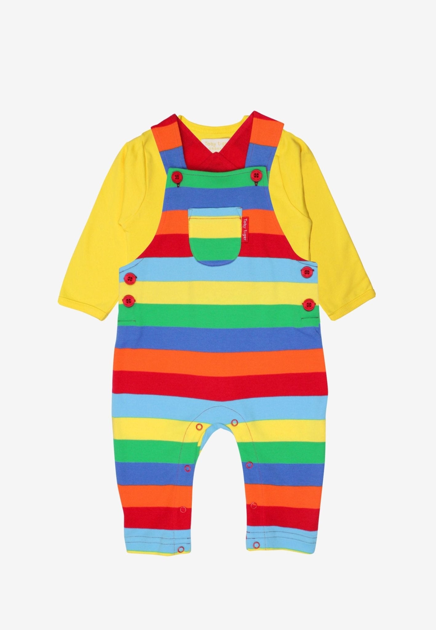 Bio - Baumwoll Kinder Latzhose mit bunten Streifen und Shirt langarm in Gelb - Toby Tiger GmbH