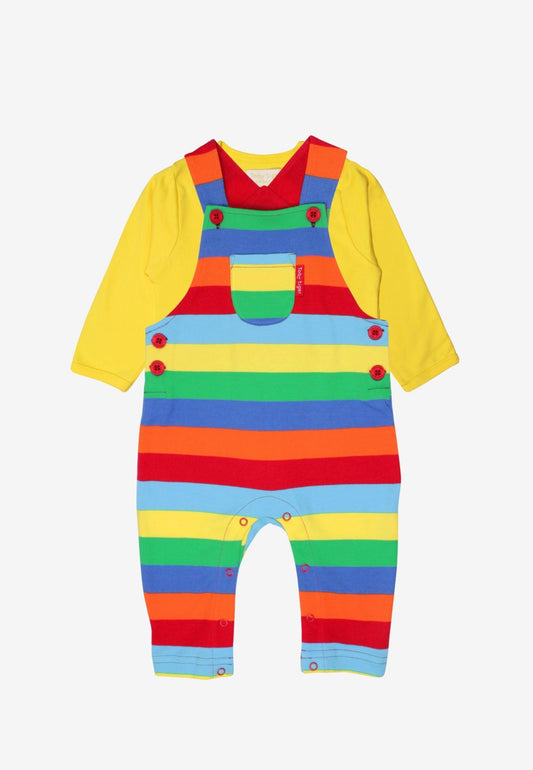 Bio - Baumwoll Kinder Latzhose mit bunten Streifen und Shirt langarm in Gelb - Toby Tiger GmbH