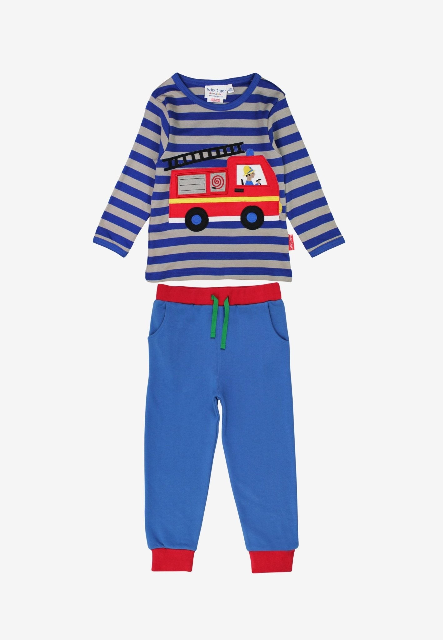 Bio - Baumwoll Kinder Shirt langarm mit Feuerwehr - Applikation und Sweathose in Blau - Toby Tiger GmbH
