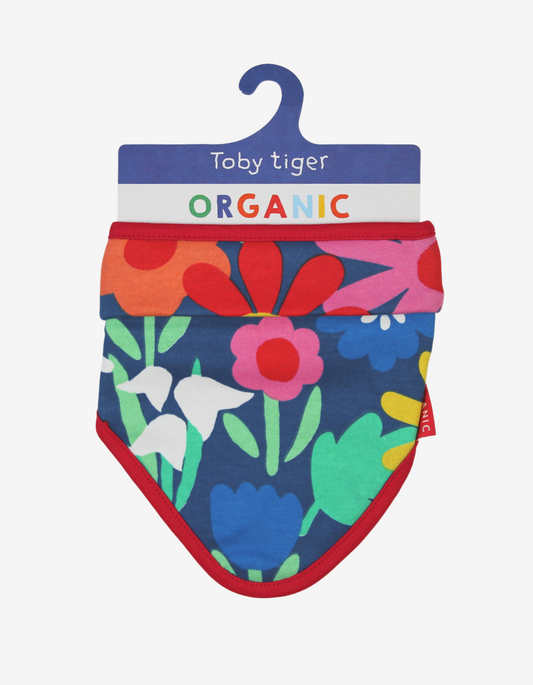 Organic cotton triangular scarf, bib with striking floral pattern