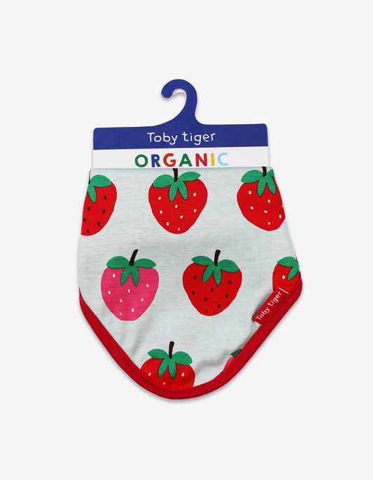 Organic cotton triangular scarf, bib with strawberry print
