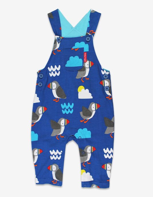Organic cotton dungarees with puffin print