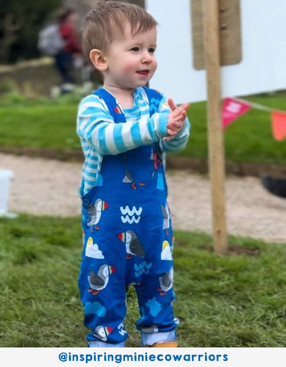 Organic cotton dungarees with puffin print