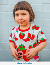 Load image into Gallery viewer, Organic cotton dungarees with strawberry appliqué

