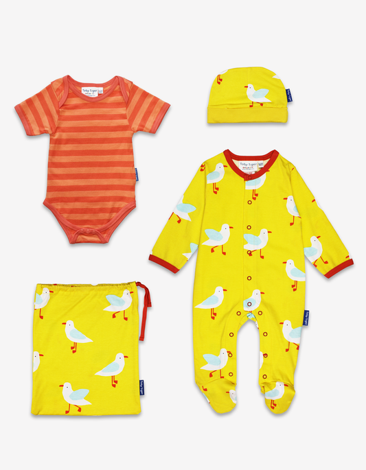 Organic cotton baby gift set in yellow with seagull print