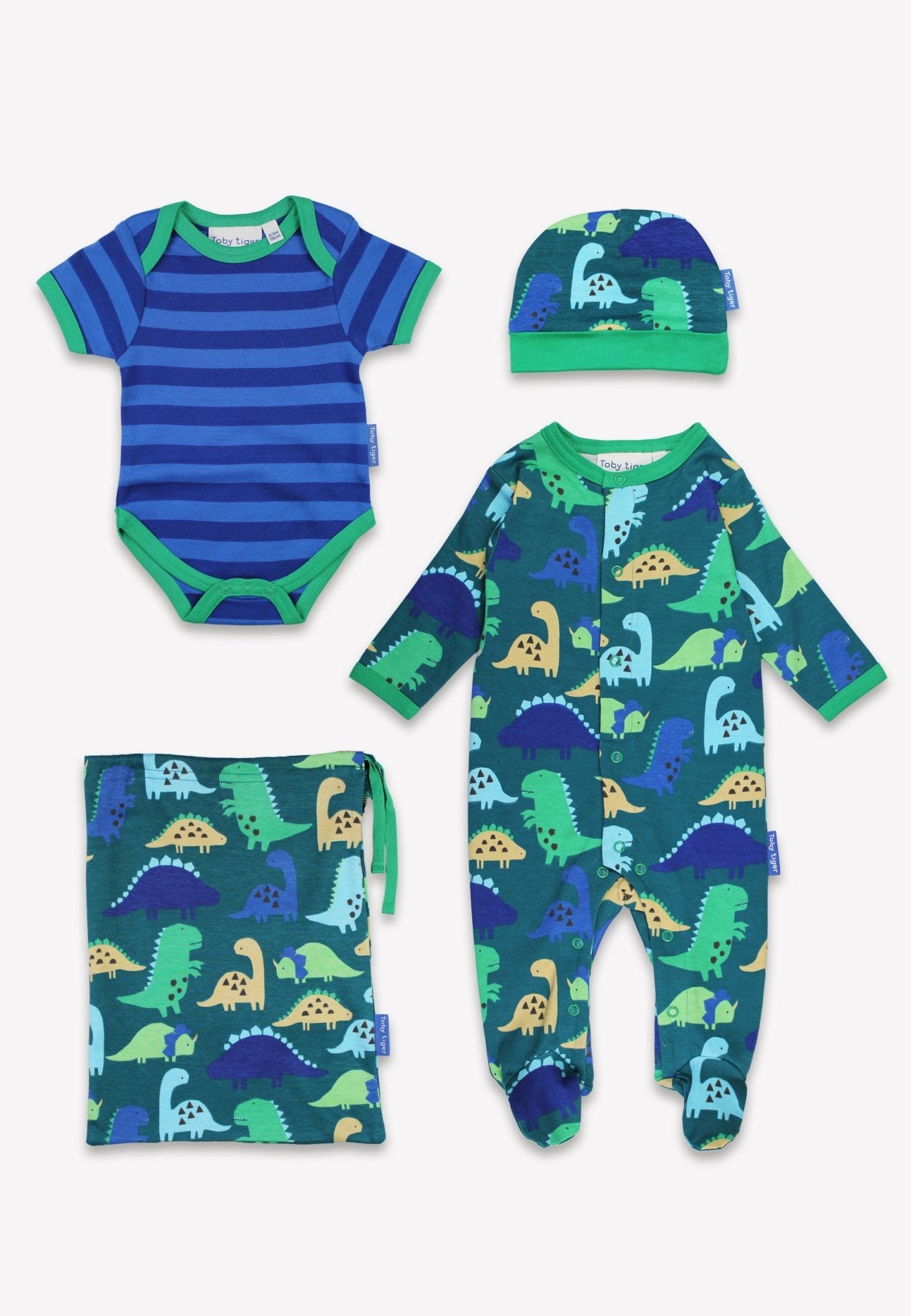 Bio - Baumwoll Baby Geschenkset mit Dinosaurier Ton - in - Ton Druck - Toby Tiger GmbH