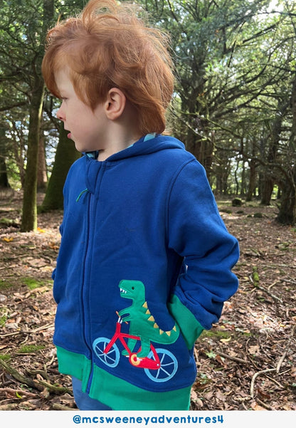 Bio - Baumwoll Kinder Sweatjacke mit Kapuze und mit Dinosaurier - Applikation - Toby Tiger GmbH