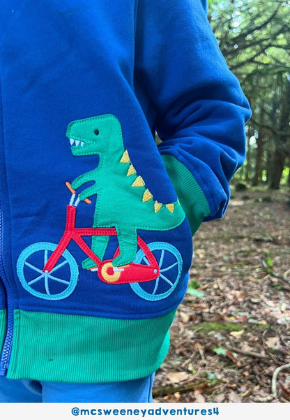 Bio - Baumwoll Kinder Sweatjacke mit Kapuze und mit Dinosaurier - Applikation - Toby Tiger GmbH