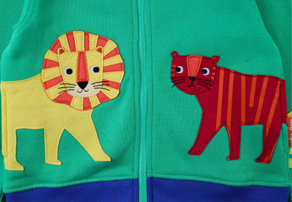 Bio-Baumwoll Kinder Sweatjacke mit Kapuze und mit Tiger und Löwen-Applikation