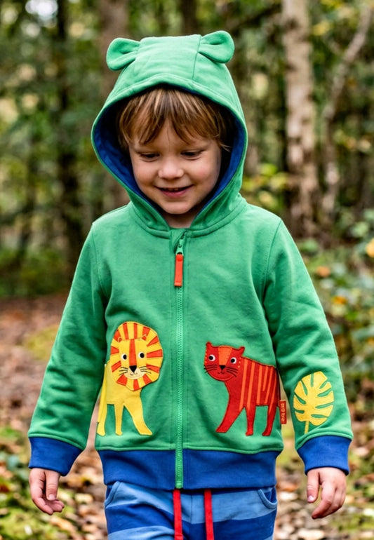 Bio-Baumwoll Kinder Sweatjacke mit Kapuze und mit Tiger und Löwen-Applikation