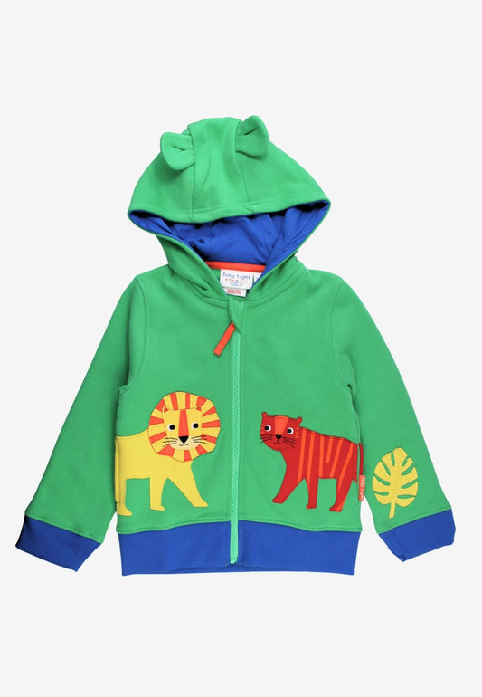 Bio - Baumwoll Kinder Sweatjacke mit Kapuze und mit Tiger und Löwen - Applikation - Toby Tiger GmbH