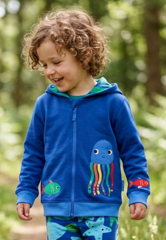 Bio-Baumwoll Kinder Sweatjacke mit Kapuze und mit Fisch und Quallen-Applikation