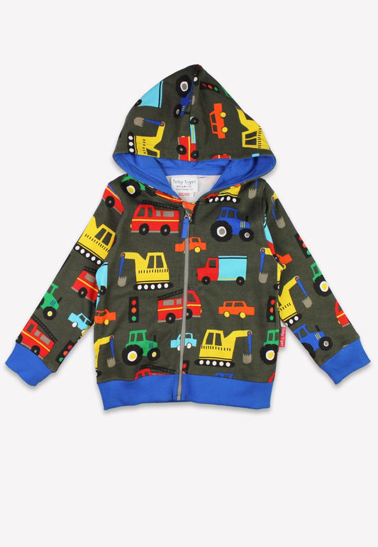 Bio - Baumwoll Kinder Sweatjacke mit Kapuze und mit Fahrzeug - Druck - Toby Tiger GmbH