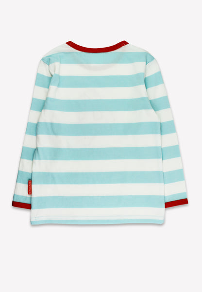 Bio-Baumwoll Kinder Langarmhirt hellblau-gestreift mit Vier-Applikation