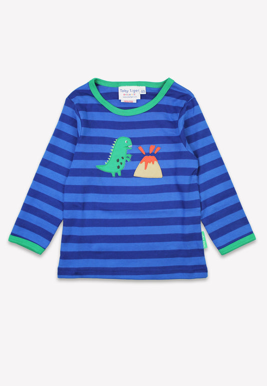 Bio-Baumwoll Kinder Langarmshirt, Blau mit Dinosaurier-Applikation