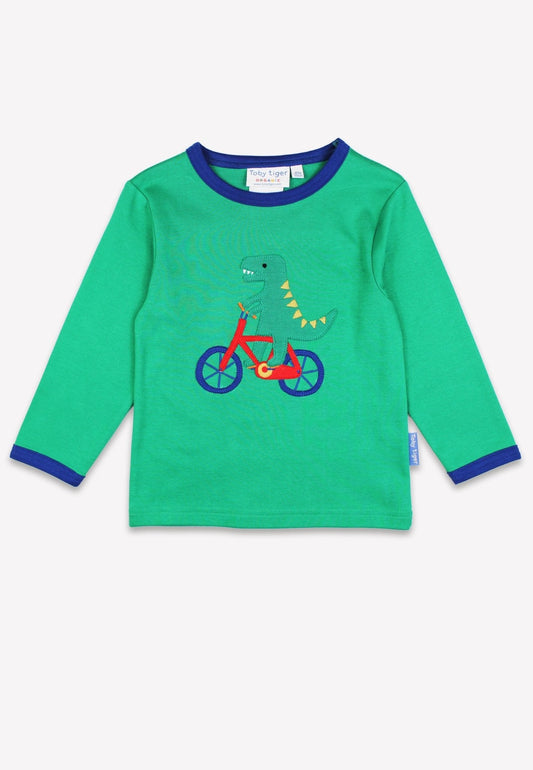 Bio-Baumwoll Kinder Langarmhirt mit Applikation Dino auf Fahrrad