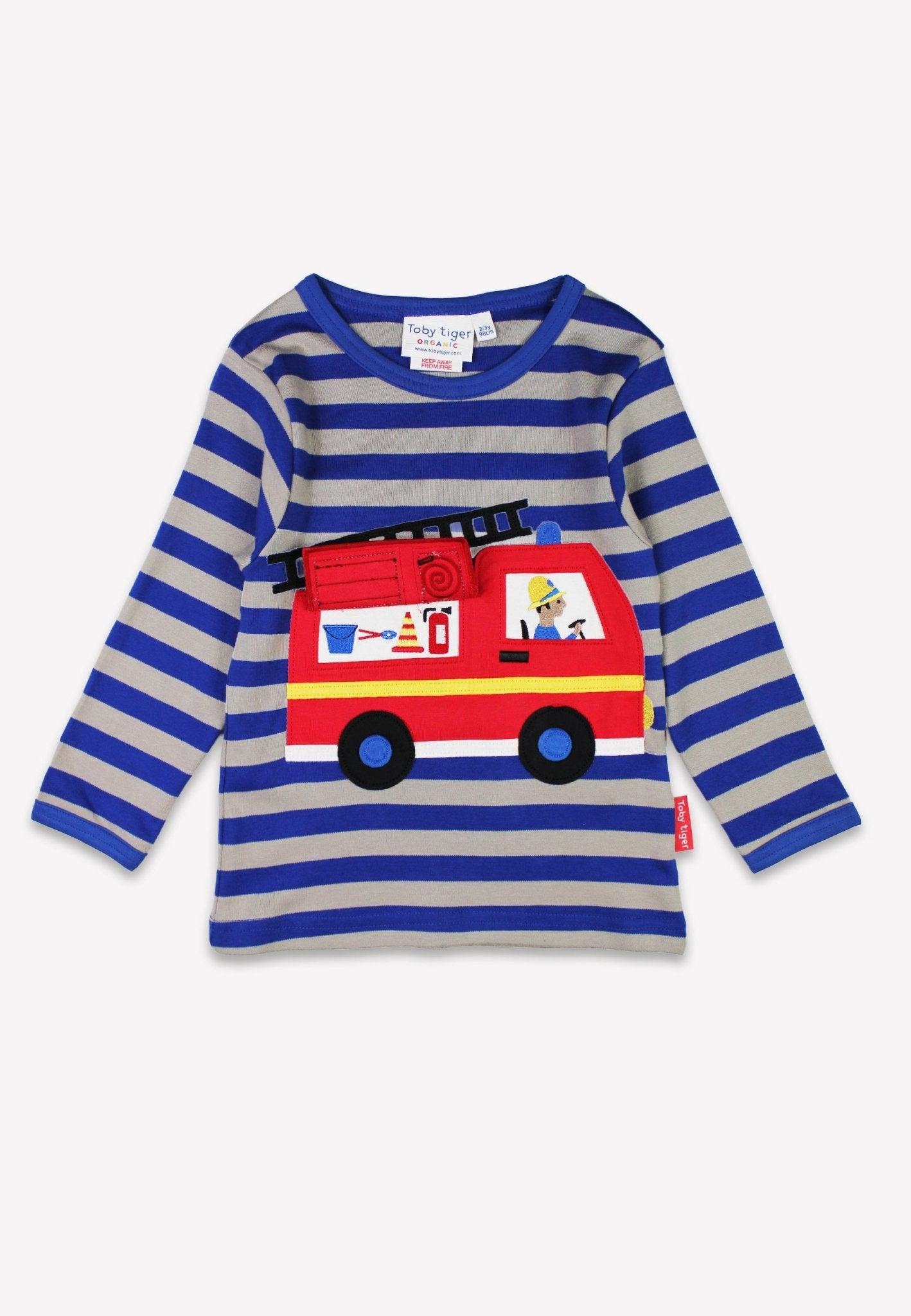 Bio - Baumwoll Kinder Langarmshirt, Blau mit Feuerwehr - Applikation - Toby Tiger GmbH