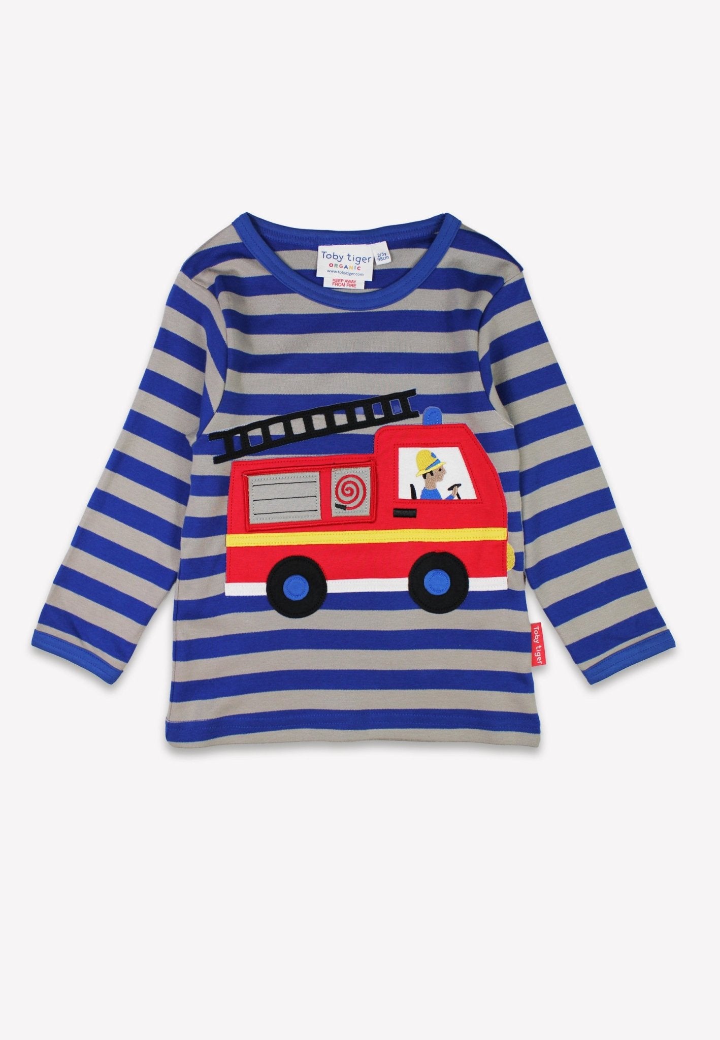 Bio - Baumwoll Kinder Langarmshirt, Blau mit Feuerwehr - Applikation - Toby Tiger GmbH