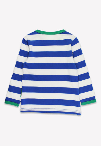 Bio-Baumwoll Kinder Langarmhirt blau-gestreift mit Eins-Applikation
