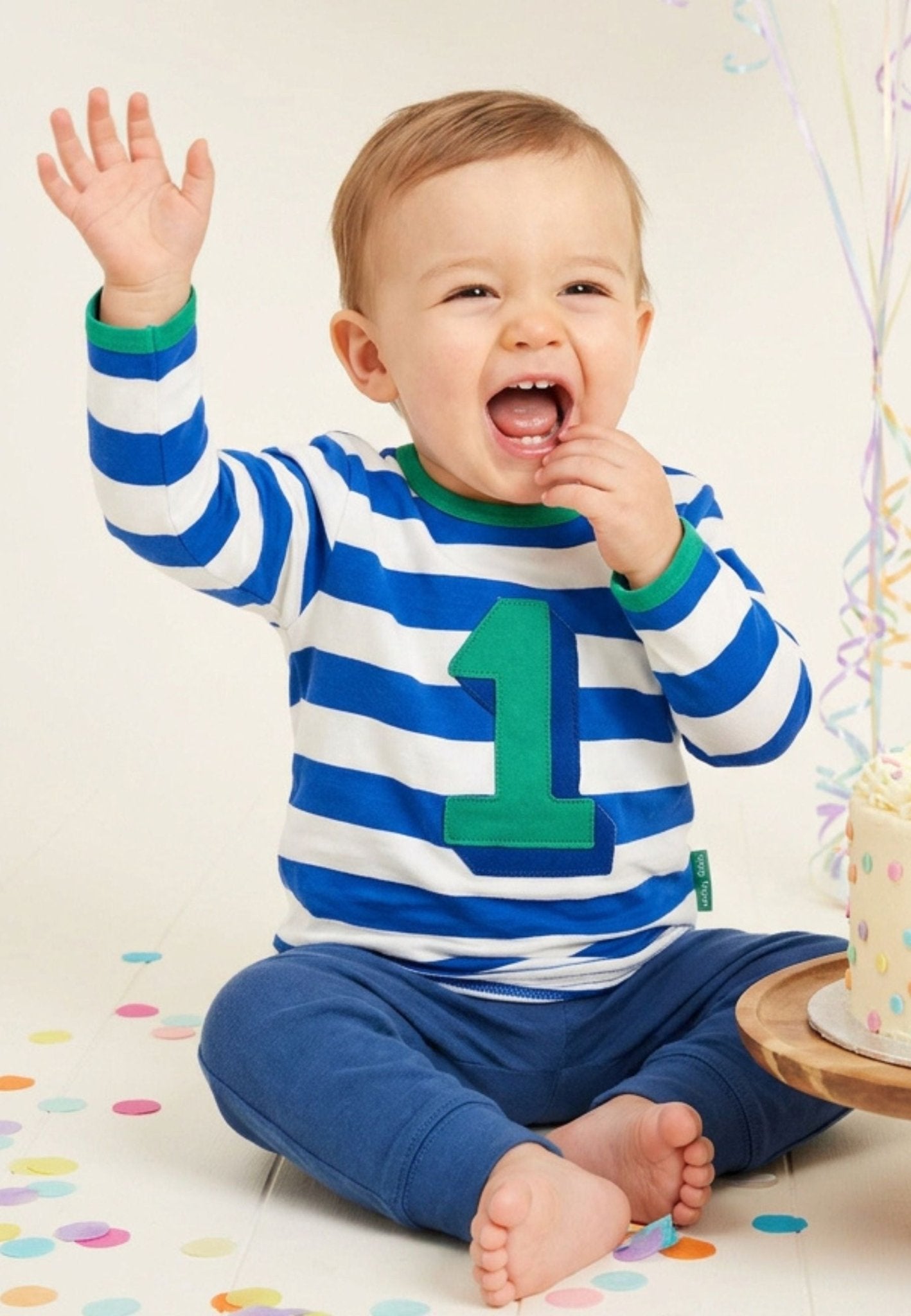 Bio-Baumwoll Kinder Langarmhirt blau-gestreift mit Eins-Applikation