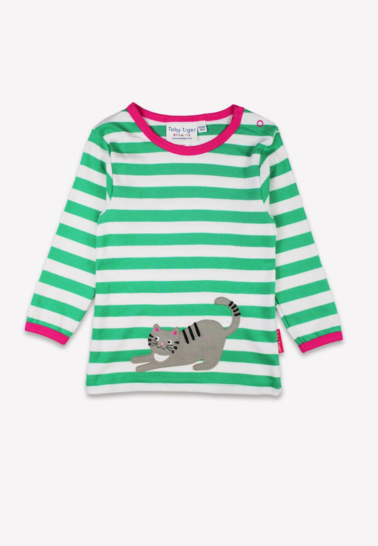 Bio - Baumwoll Kinder Langarmshirt, Grün mit Kätzchen - Applikation - Toby Tiger GmbH