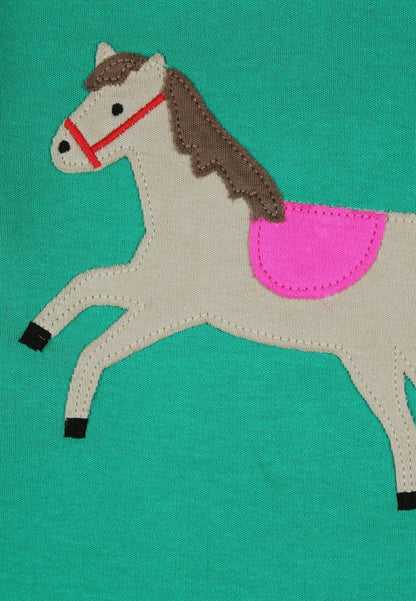 Bio-Baumwoll Kinder Langarmshirt, Grün mit Pferde-Applikation