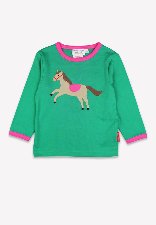 Bio-Baumwoll Kinder Langarmshirt, Grün mit Pferde-Applikation