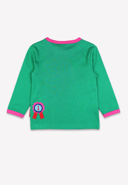 Bio-Baumwoll Kinder Langarmshirt, Grün mit Pferde-Applikation