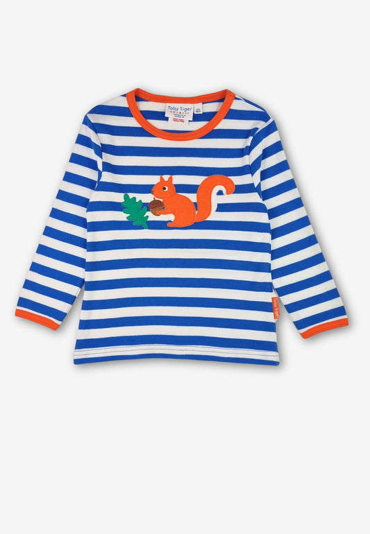 Bio-Baumwoll Kinder Langarmshirt, gestreift mit Eichhörnchen-Applikation