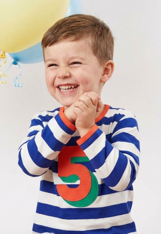 Bio-Baumwoll Kinder Langarmhirt blau-gestreift mit Fünf-Applikation
