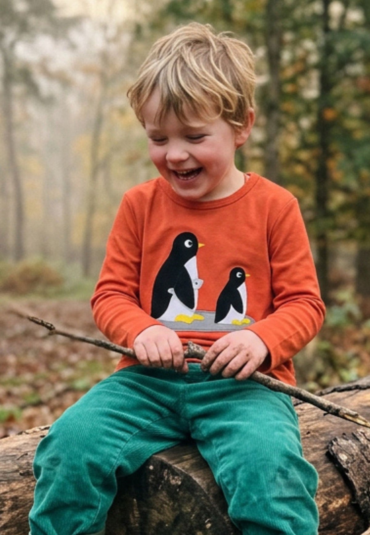 Organic Cotton Kids' Long-Sleeved Shirt with Penguin Applique