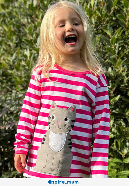 Bio - Baumwoll Kinder Langarmshirt, Pink mit Kätzchen - Applikation - Toby Tiger GmbH