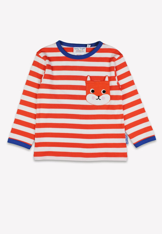 Bio-Baumwoll Kinder Langarmshirt, gestreift mit Eichhörnchen-Applikation auf der Brusttasche