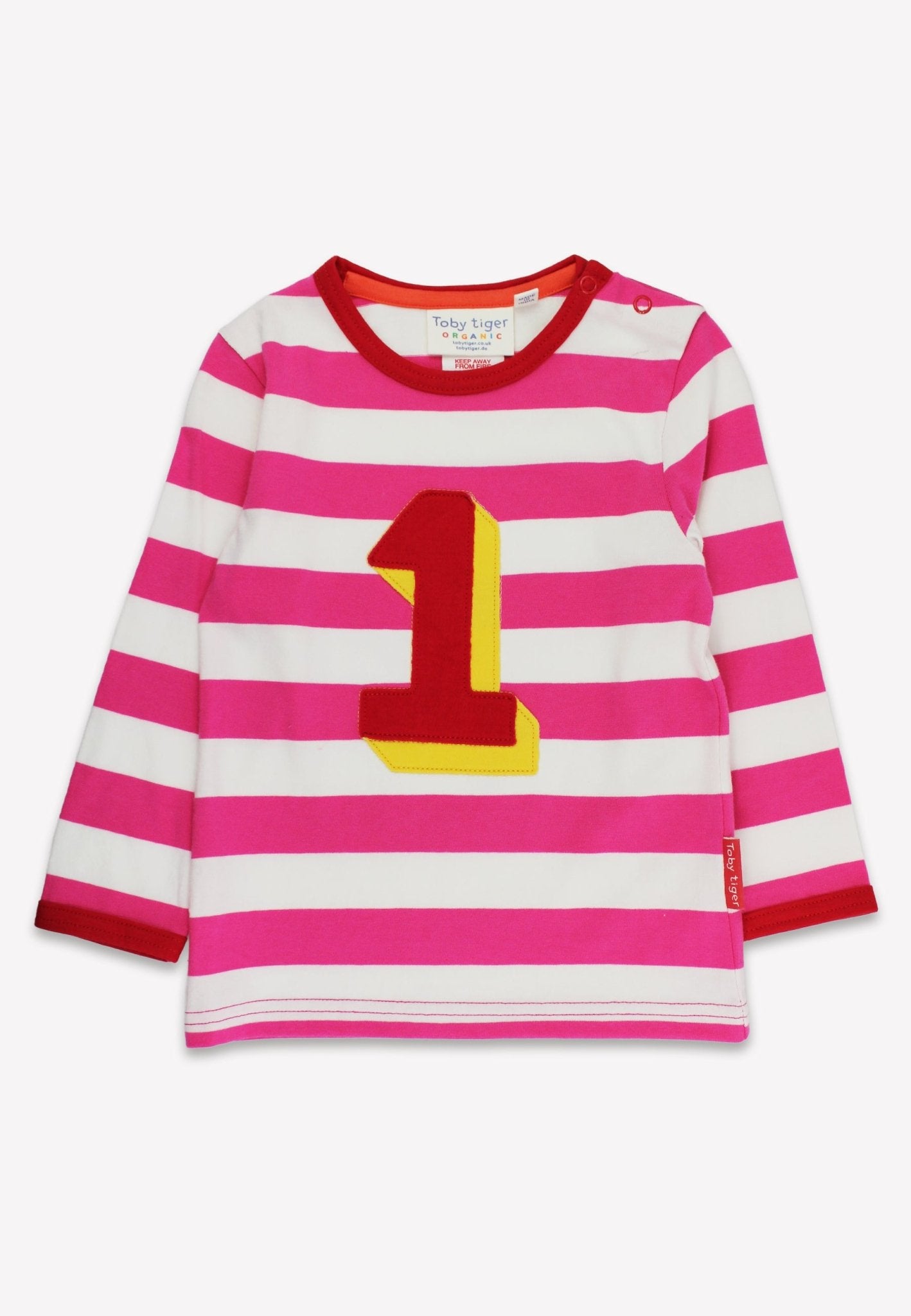 Bio - Baumwoll Kinder Langarmhirt pink - gestreift mit Eins - Applikation - Toby Tiger GmbH