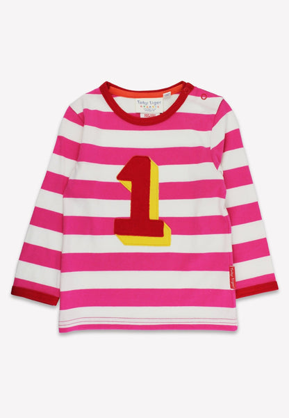 Bio - Baumwoll Kinder Langarmhirt pink - gestreift mit Eins - Applikation - Toby Tiger GmbH
