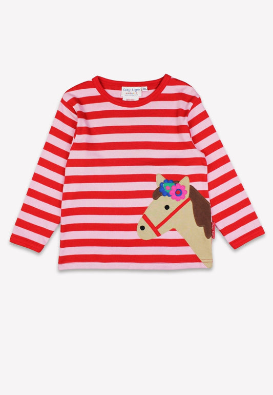 Bio-Baumwoll Kinder Langarmshirt, gestreift mit Pferdekopf-Applikation