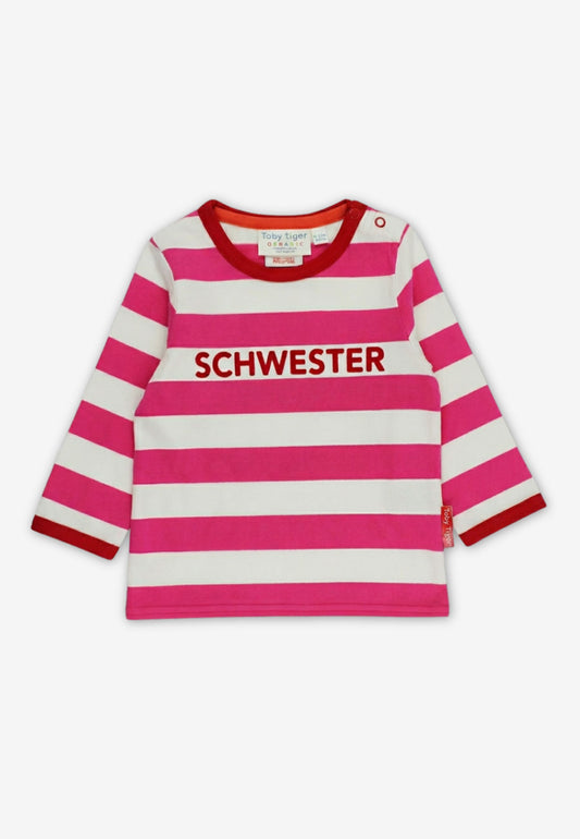 Bio-Baumwoll Kinder Langarmhirt rosa-gestreift mit Schwester-Applikation