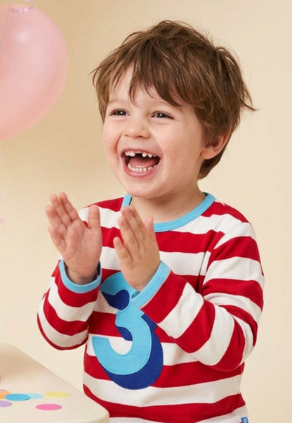 Bio-Baumwoll Kinder Langarmshirt rot-gestreift mit Drei-Applikation