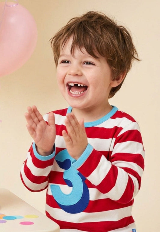 Bio-Baumwoll Kinder Langarmshirt rot-gestreift mit Drei-Applikation