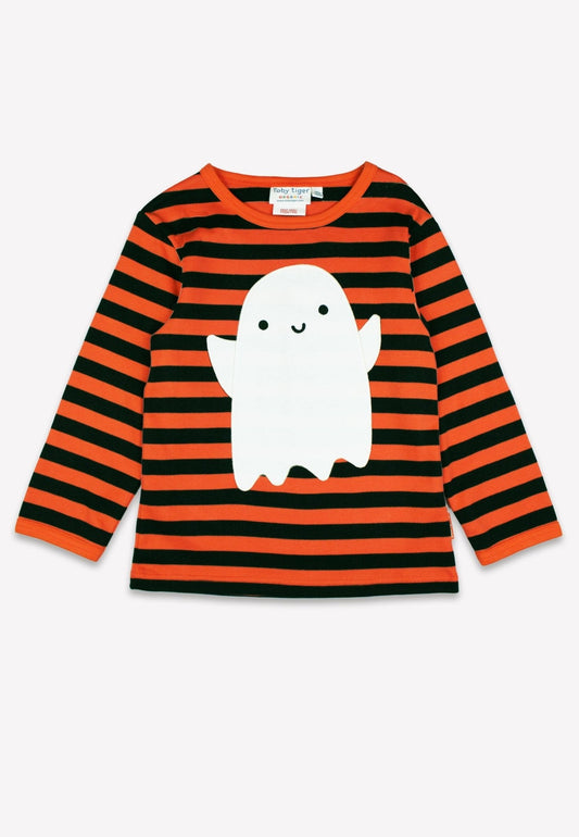 Bio-Baumwoll Kinder Langarmshirt, gestreift mit Gespenster-Applikation