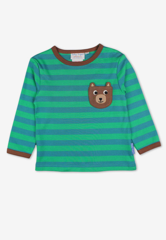 Bio-Baumwoll Kinder Langarmshirt, gestreift mit Bären-Applikation auf der Brusttasche