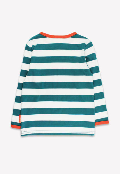 Bio-Baumwoll Kinder Langarmhirt türkis-gestreift mit Vier-Applikation